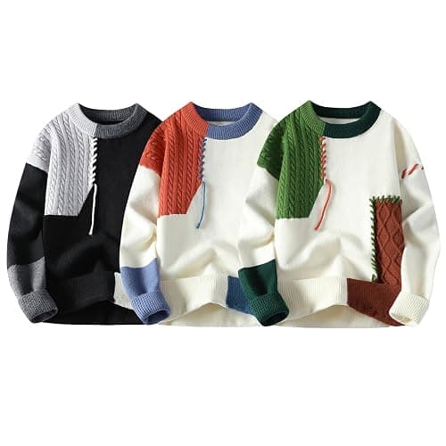 GURUNVANI Patchwork Sweater Mens Colorblock Jumper Cable Knitted Pullover Oversized thumbnail 3