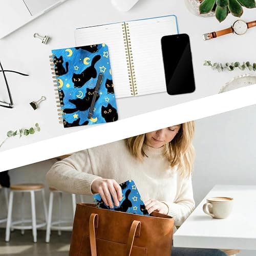 Stanoha Cute Spiral Notebook A5 Journal for Women Girls Kawaii Aesthetic Pretty Floral Design with Pocket, 8.5 x 5.7 inch, Line, Blue Black Cat thumbnail 2