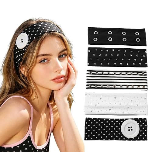 Weazppre 5 Pieces Wide Stretchy Metal Grommet Hair Accessories, Rock Style Black and White Design Fashionable Metal Hairbands for Sports and Casual Y2K Daily Looks - Image 1