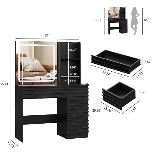 jmhdyg Makeup Vanity Desk with Lights, Fluted Vanity with 4 Drawers, Open Shelves, Power Outlet, LED Lighted Mirror, 3 Lighting Modes & Brightness Adjustable, Wood Dressing Table for Bedroom,Black thumbnail 2