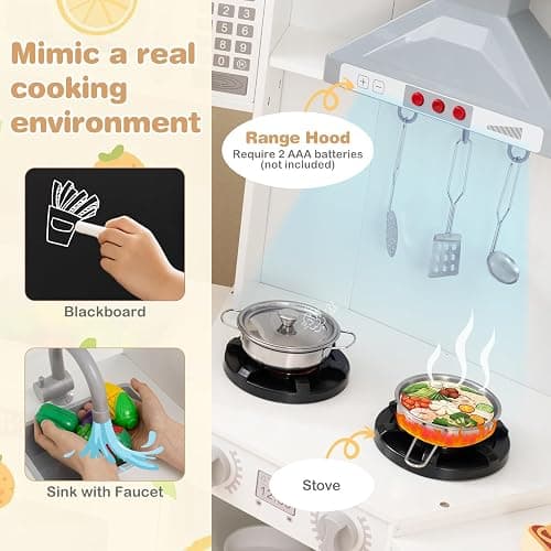 HONEY JOY Corner Play Kitchen, Large Wooden Pretend Toy Kitchen Set w/Lights, Ice & Coffee Maker, Range Hood, Chalkboard, Microwave, Cookware, Little Chef Kids Kitchen Playset for Toddlers (White) thumbnail 5