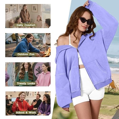 Dnzzs Womens Zip Up Hoodie Oversized Acid Wash Sweatshirts Heavyweight Fall Fashion Outfits Casual Jackets Winter Clothes thumbnail 3