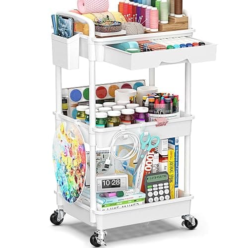 SUNALLY 3 Tier Rolling Cart with Drawer, Bathroom Storage Organizer with 2 Lockable Wheels, Multifunctional Rolling Storage Cart for Bathroom, Kitchen, Office, Craft, Makeup, Baby Essentials, White - Image 1