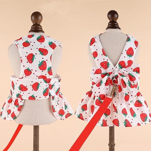Dog Dress Bowknot Harness Leash Set for Small Dogs Red Strawberry Dog Cat Clothes Cute Puppy Outfits Pet Clothes Spring Summer Breathable Dresses(X-Samll) thumbnail 4