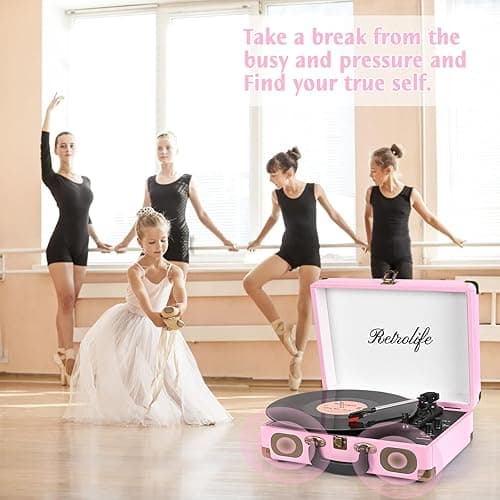 Vinyl Record Player 3-Speed Bluetooth Suitcase Portable Belt-Driven Record Player with Built-in Speakers RCA Line Out AUX in Headphone Jack Vintage Turntable Pink thumbnail 7