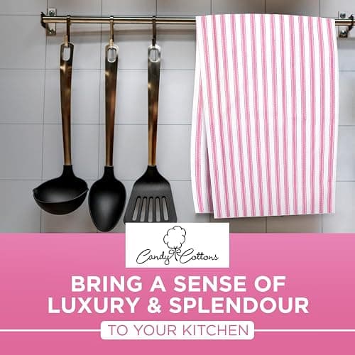Candy Cottons Stripe Kitchen Towels With Hanging Loop - Boho Absorbent Dish Towels Set of 3 - Festive Gift 18x28 Inch Reusable Pantry Decor - Trendy Spring French Pink thumbnail 3