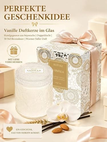 Vanille Duftkerze im Glas, 210g Sojawachs, Entspannung & als Geschenkidee | 2 Baumwolldochte, gleichmäßiger Abbrand, handgegossene Kerze, strukturiertes Glas, warmer süßer Vanilleduft, bis zu 50 Std. thumbnail 2