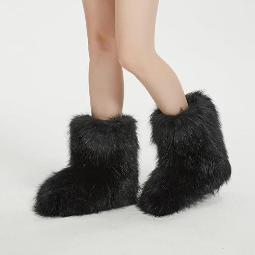 Women's Faux Fur Boots Furry Snow Boots Fuzzy Winter Shoes Fluffy Mid-Calf Flat Boots thumbnail 3