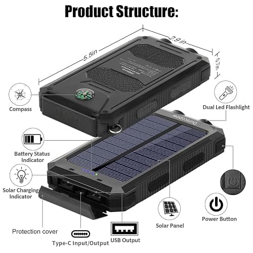 Solar Charger Power Bank, 8000mAh Portable Outdoor Waterproof Solar Battery Charger, Camping External Backup Battery Pack USB C Ports Input/Output, 2 Led Light Flashlight with Compass (Black) thumbnail 2