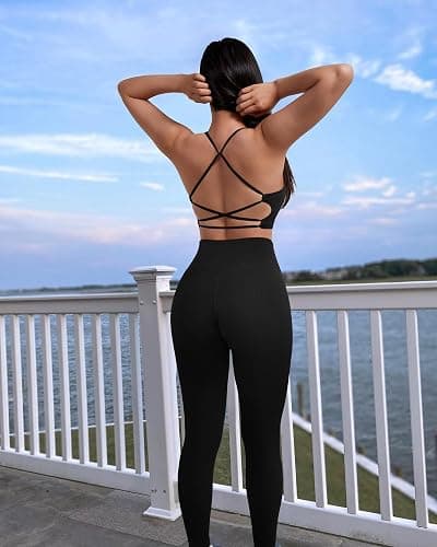 RXRXCOCO Ribbed Workout Sets for Women 2 Piece Backless Strappy Sports Bra Seamless Leggings Matching Set Yoga Outfits thumbnail 6