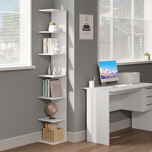 WOLTU Regal, Standregal mit 7 Ebenen, Wandregal weiß, Bücherregal Küchenregal schmal, freistehend wandmontiert, für Küche Wohnzimmer Schlafzimmer, aus Holzwerkstoff, RGB46ws thumbnail 2