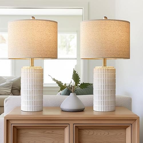 PoKat 23" Modern Ceramic Table Lamp Set of 2 for Living Room White Desk Lamps for Bedroom Farmhouse Bedside Nightstand Bedside Lamp End Table Lamps Beige - Beige and White - 23'' Ceramic Lamp
