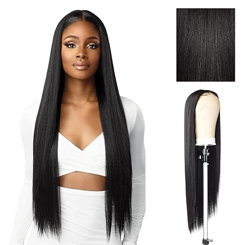 Sensationnel Butta Lace Hhm Wigs - Straight 32 Inch Human Hair Blend Extra Wide 5 Inch Parting Preplucked Hairline Glueless Lacefront (1B OFFBLACK) - Image 1