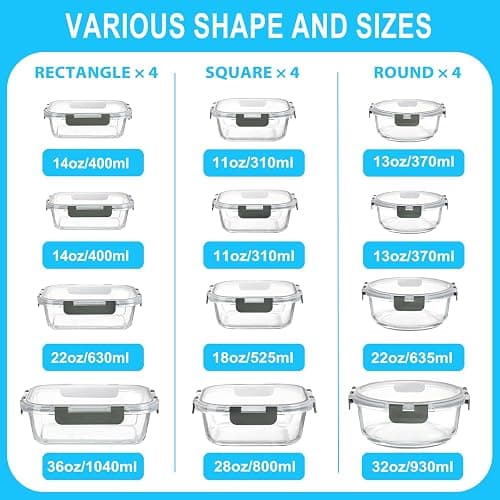 Pure Future 24-Piece Set (12-Pack) Borosilicate Glass Food Storage Containers with Upgraded Detachable Locking Lids - Leak Proof Meal Prep Lunch Boxes, Oven/Microwave Safe thumbnail 6