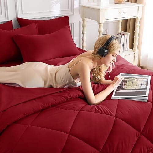CozyLux Queen Comforter Set Dark Red - Bed in a Bag Queen Size 7 Pieces, Luxury Soft Bed Set for All Seasons, Bedding Set with Down Alternative Comforter, Sheets, Pillowcases & Shams thumbnail 4