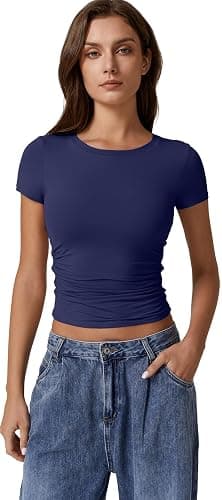 QINSEN Short Sleeve Shirts for Women Round Neck Basic Double Lined Tees Fitted Y2k Crop Tops thumbnail 4