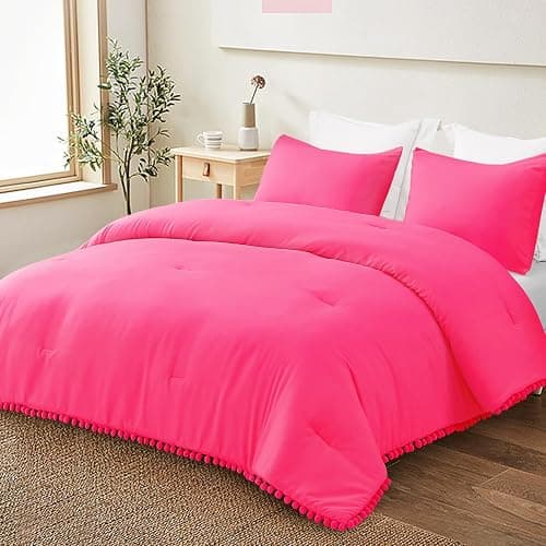 Exclusivo Mezcla Boho Pom Pom Ball Fringe Queen Comforter Set, 3 Piece Hot Pink Lightweight Down Alternative Bedding Comforter Sets for All Seasons - Hot Pink - Queen (90"x90") - Image 1