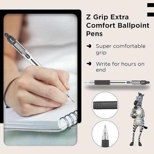Zebra Pen Z Grip Black Ballpoint Pens with Pocket Clip 8pk, Retractable Black Ink Ballpoint Pens, Reliable Black Biro Pens Multipack for Everyday Use Design, New Pack Size 8pk thumbnail 4