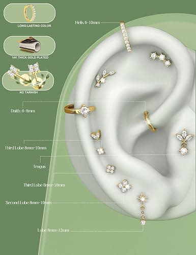 ORAZIO 16 Gauge Cartilage Earrings for Women Flat Back Hypoallergenic Surgical Steel Small Flatback Stud Hoop Cartilage Earring Stack Set Daith Conch Tragus Helix Piercing Jewelry Single PC thumbnail 3
