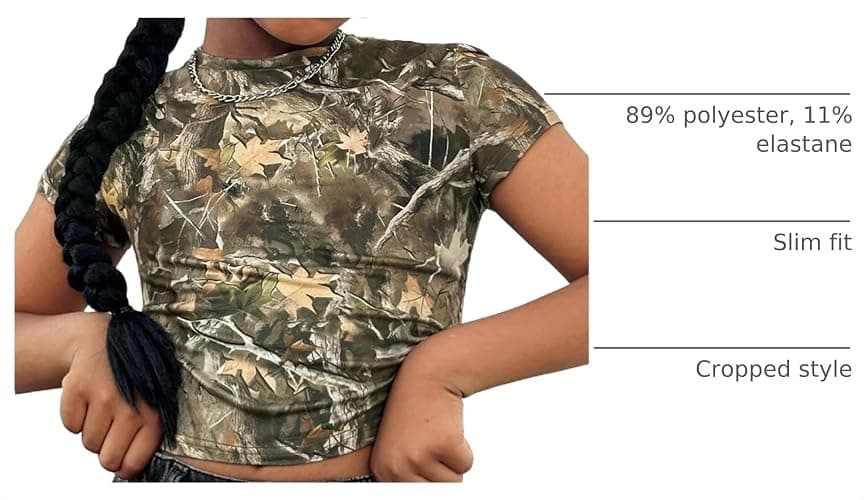 RoseSeek Girl's Camo Crop Tight Shirts Branch Print Short Sleeve Slim Fitted T-Shirt thumbnail 4