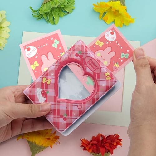 Mini Kpop Photocard Holder Book, Windspeed 3 Inch Love Heart Hollow Photocard ID Holder Twice Photocard Binder 40 Pockets with Rabbit Card, Heart-Shape Pendant (1) thumbnail 2