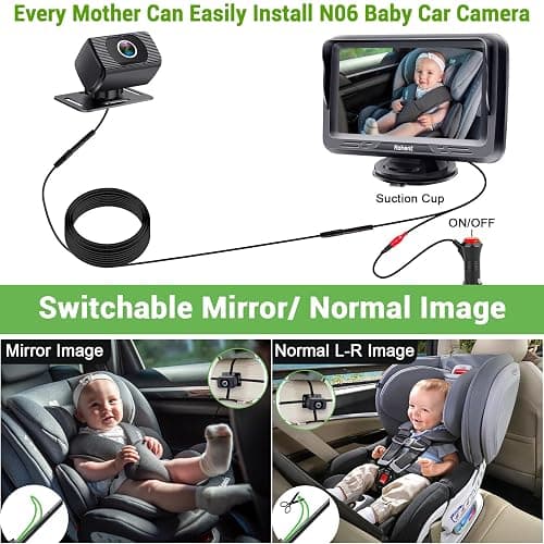Baby Car Camera HD 1080P: Baby Car Mirror 5 Mins Easy Install for Car Seat | Crystal Night Vision Infant Travel Safety Kit Rohent N06, Black, 4.3 Inch Screen thumbnail 6