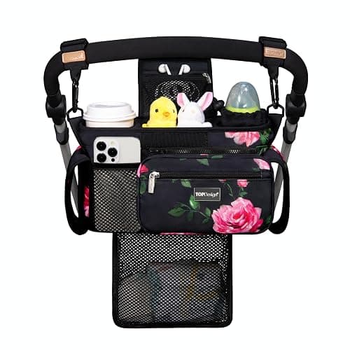 TOPDesign Universal Baby Stroller Organizer, Stroller Caddy with Detachable Mesh Bag & Heightened Insulated Cup Holders & Non-Slip Secure Hooks Accessories, Fits Most Strollers (Peony) - Image 1