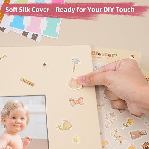 Vienrose Kids Scrapbook Album 8.5"X8.3" with Window Silk Fabric Cover Acid-Free Pages Personalised DIY Photos Scrapbooking for Baby Memory Book, First Year Keepsake Journal Gift Boy Girl, Beige thumbnail 5