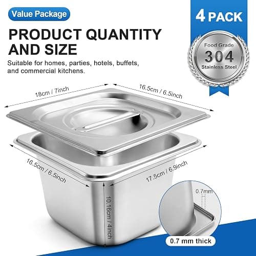 Philbinden 4 Pack Stainless Steel Hotel Pans 1/6 Size 4 Inch Deep With Lids, 0.7 mm Thick 304 Stainless Steel Hotel Pans for Ffor Home, Party, Hotel, Buffet Commercial Kitchen Use thumbnail 2