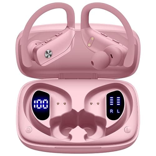 bmani Ear Buds Wireless Earbuds Bluetooth Headphones with 80H Playtime LED Display Case, Over-Ear Hook with Mic, Stereo Sound, Easy Button Controls, Sports Earphones for Running Workout Gym Pink - Image 1