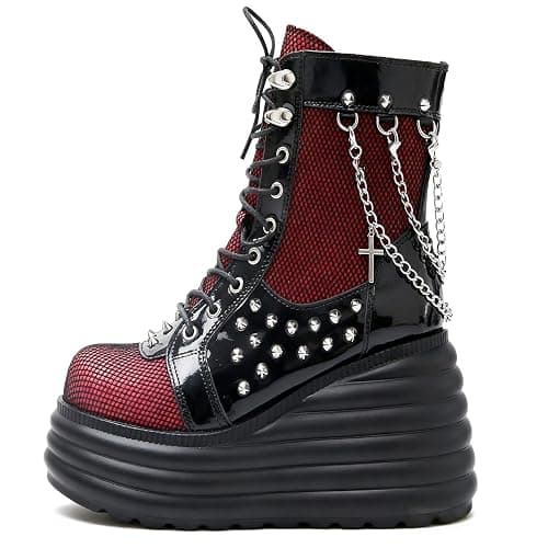 SONALOONG Goth Chunky Ankle Boots for Women - Bat Buckle DIY Platform,Zip Round Toe Lace Up Combat Bootie, Wedge Rave Boots Black Punk Shoes - Light Weight & Waterproof - Image 1