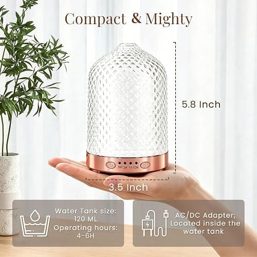 Antrovelle Essential Oil Diffuser for Home, Glass 120 ml | 7 Color Lights, Quiet Aromatherapy Diffuser, Auto Shut-Off & Timer for Bedroom Office, Gifts for Women - Dimond Glass thumbnail 2