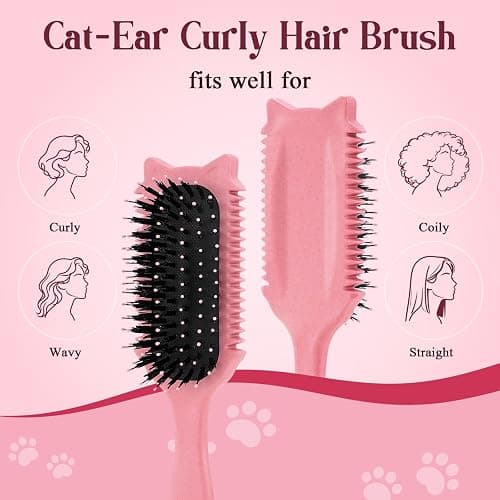 Tcsxady Curly Hair Brush, Curl Defining Brush for Effortless Curly Hair Care, Funny Cat Ear Type Curl Brush Suitable for Wet & Dry Hair,Women and Men,Reduces Frizz (Pink) thumbnail 3