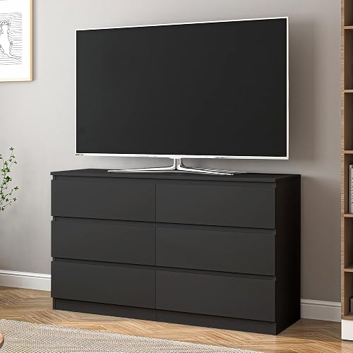 Vibe & Dine 6 Drawer Double Dresser, Modern Chest of Drawers with Wide Storage for Closet, Bedroom, Living Room, Black thumbnail 8