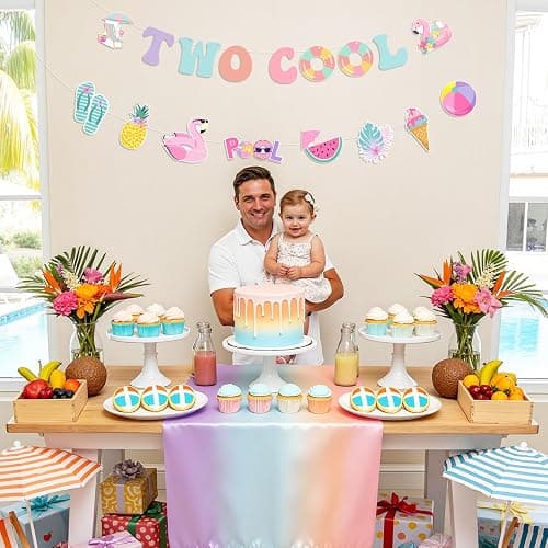 Funmemoir Two Cool Pool Birthday Party Banner and Garland Set, Macaron Color Paper Banner with Prestrung Pool Theme Garland for Girls 2nd Birthday, Summer Swimming Beach Party Decorations thumbnail 4