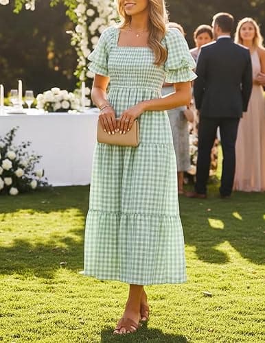 ZESICA Women's 2026 Boho Summer Dresses Gingham Puff Sleeve Square Neck Flowy Beach Midi Dress thumbnail 6