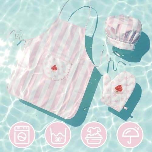 Kid Apron and Chef Hat Set, 3 Pcs Children Cooking Baking Set Kits Role Play Chef Toy Kid Cooking Gift for Girls Boys (Pink) thumbnail 5