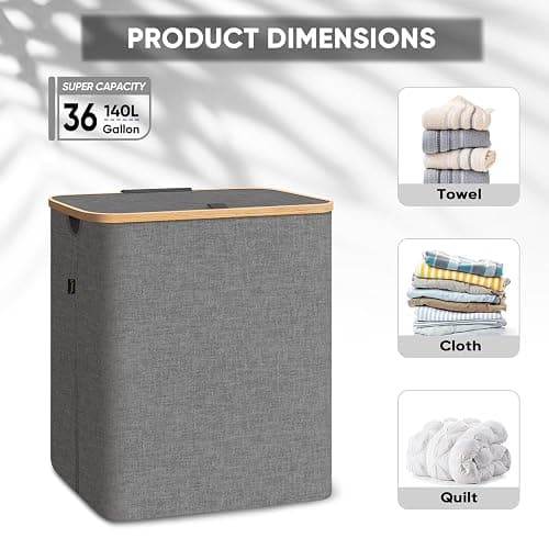 BALEINE Laundry Hamper with Lid, Tall Laundry Baskets with Bamboo Pull Handles, Large Laundry Bin with Internal Support (36 Gal/140L, Black) thumbnail 4