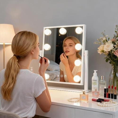 Makeup mirror with lights,Hollywood Vanity Mirror with 9 LED Bulbs，12" x 13.2" Plug in Makeup Mirror for Desk,Smart Touch Control 3Colors Dimmable, light up mirror for makeup,Bedroom,Tabletop,White thumbnail 7