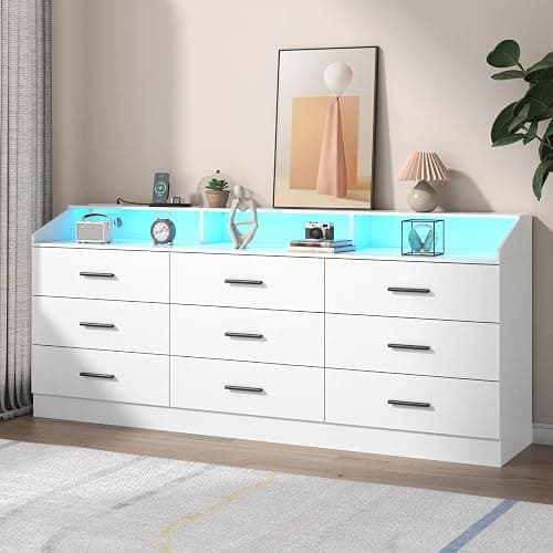 9 Drawers Dresser for Bedroom with Power Outlet,Modern Dresser w/ LED Light | Chest of Drawers, Dressers with Open Storage Cubby, Triple Wide Dressers Organizer for Living Room - Image 1
