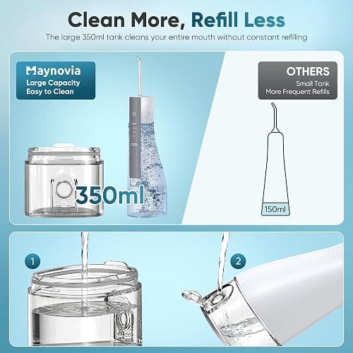 Maynovia Water Flosser Cordless for Teeth, Water Pick Oral Irrigator with U Shaped Nozzle, 40–150 PSI DIY Mode, 350ML Large Tank, Rechargeable Portable Dental Flosser for Braces & Adults (White) thumbnail 5