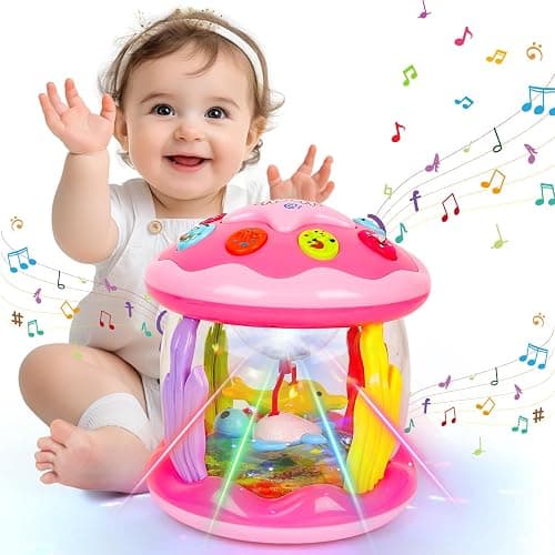 M SANMERSEN Baby Girl Toys 6-12 Months - Babies Ocean Rotating Projector Light Up Musical Toys for 12-18 Months Crawling Learning Tummy Time 1 2 Years Old Infant Boys Girls Pink - Image 1
