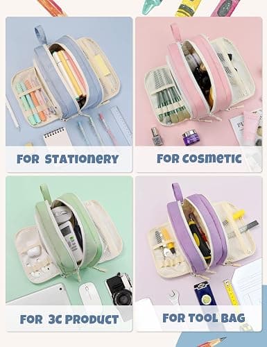 SUNEE Large Pencil Case, Big Capacity Pen Pouch with 3 Compartments, Kawaii Cute Pencil Bag with Zipper, High Storage Stationery Holder and Organizer, School Supplies for Teen and Adult Girls, Blue thumbnail 6
