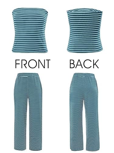 Tankaneo Womens Striped 2 Piece Sets Summer Strapless Crop Tube Tops Wide Leg Pants Matching Lounge Set Vacation Outfits thumbnail 5