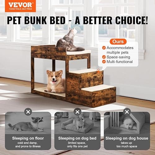 VEVOR Pet Bunk Bed with Stairs, Dog/Cat Window Perch for High Beds and Couches, Medium Multi-Level 3 Step Dog Seat Platform Sleeper Couch, Practical for Modern Homes (Rustic Brown) thumbnail 2