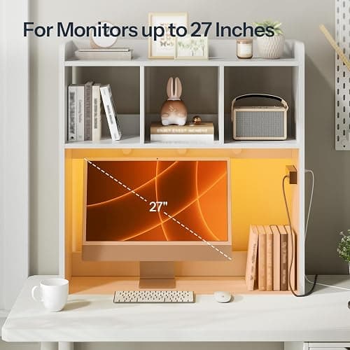 HOOBRO Desktop Bookshelf, Office Desktop Shelf, Desk Hutch with Outlets, Wooden Office Desktop Bookcase, Desktop Organizer Shelf with LED Light Strip and 3 Hooks, for Home, Study, White WT12UDSJ01 thumbnail 8