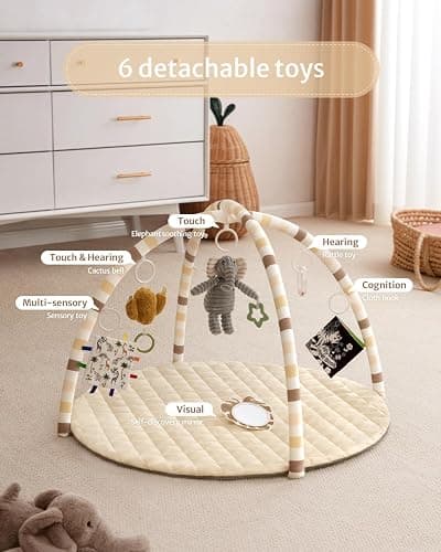 Blissful Diary Baby Play Gym Mat, Tummy Time Activity Mat with 6 Detachable Toys for Stage-Based Sensory & Motor Skill Development, Easy to Install & Clean, Baby Essentials Gift, Sandy Beige thumbnail 4