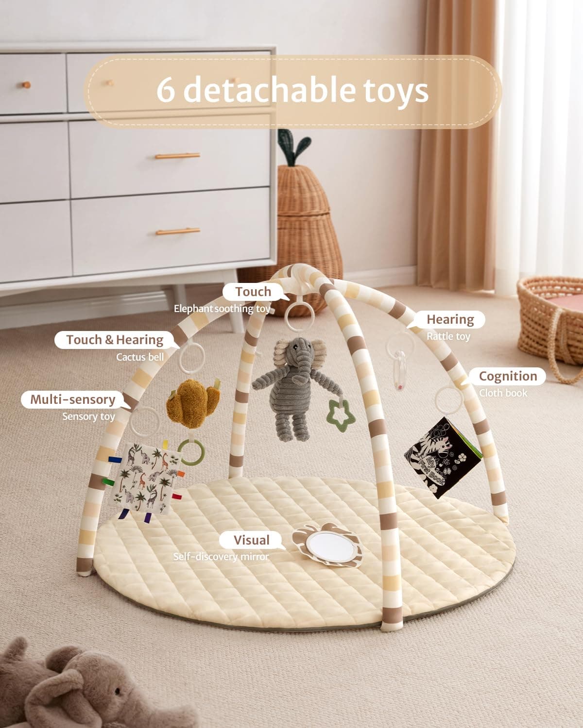 Blissful Diary Baby Play Gym Mat, Tummy Time Activity Mat with 6 Detachable Toys for Stage-Based Sensory & Motor Skill Development, Easy to Install & Clean, Baby Essentials Gift, Sandy Beige thumbnail 3