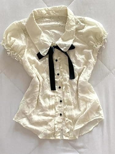 Wayolyn Lolita Shirts Kawaii Cute Clothes Blouse Lace Short Jirai Kei Fashion Puff Sleeve Shirt Ruffle Top with Bow Cutecore - Medium - White thumbnail 3