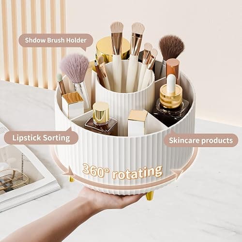 fanado 360° Rotate Makeup Brush Holder Organizer, Makeup Organizers Countertop, Makeup organization and Skincare Storage for Vanity, Desktop, Bathroom (White) thumbnail 3